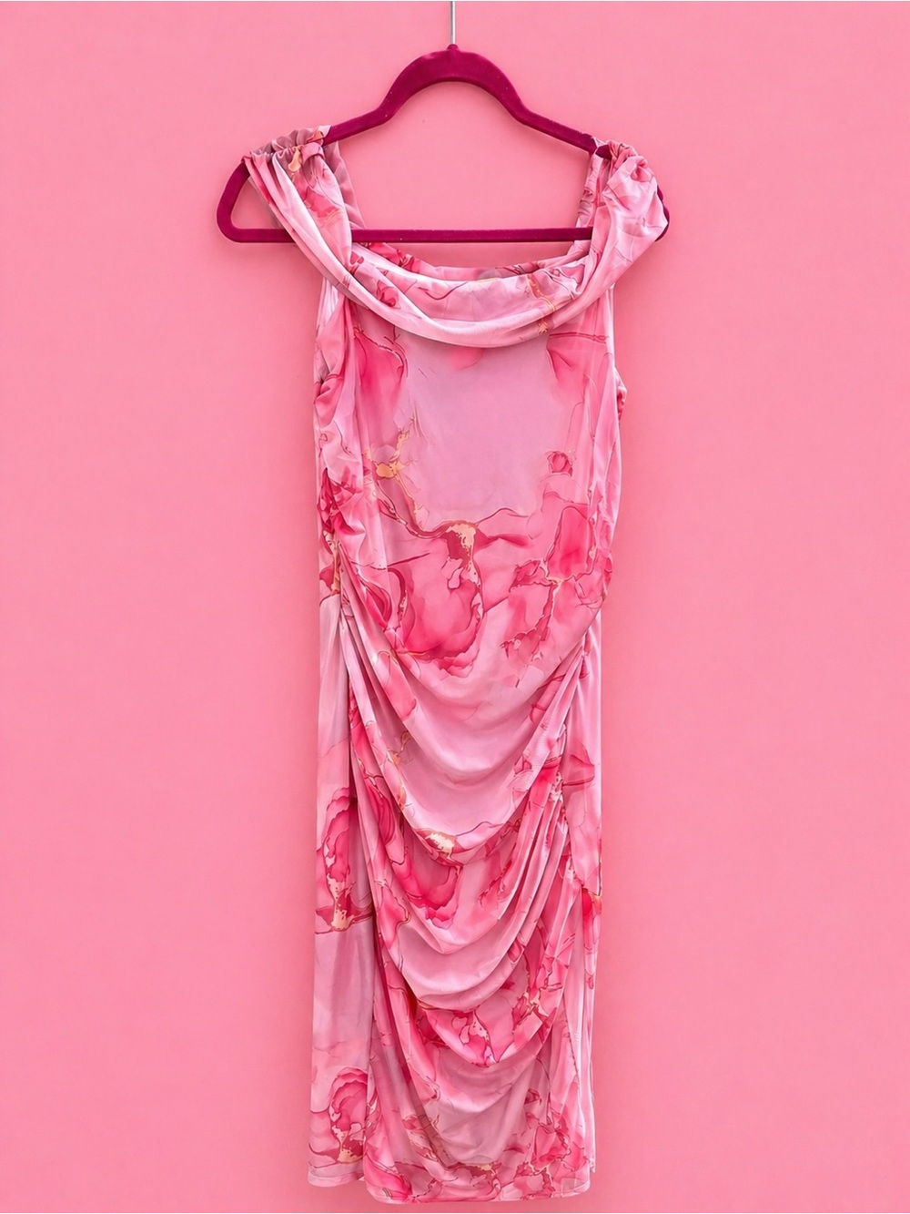 SHEIN Pink Marble Ruched Cowl Neck Midi Dress